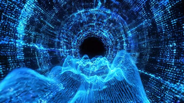 Digital tunnel of glowing blue particles with a wavy path in abstract futuristic cyberspace, motion graphics for technology and data.