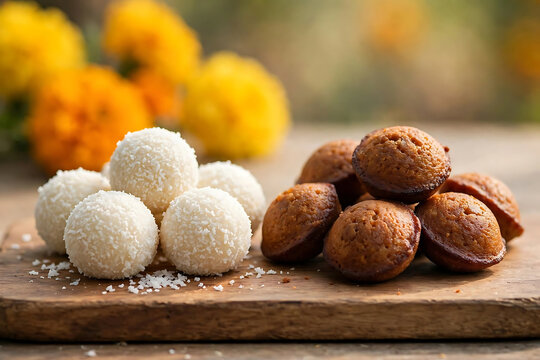 coconut ladoo and unniyappam Kerala festival sweets on wooden board