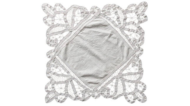 Square linen doily with diamond center and ornate cutwork border on a transparent background