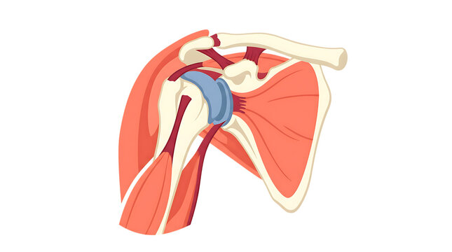 Anatomical illustration of the human shoulder joint featuring bones muscles and tendons isolated on transparent background