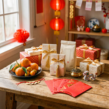 Chinese New Year festive decorations with wrapped gifts, red envelopes, fresh mandarins, and traditional ornaments on a rustic wooden table