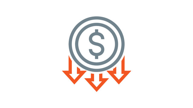 Minimalist grey coin icon with orange downward arrows illustrating financial loss or market crash trends