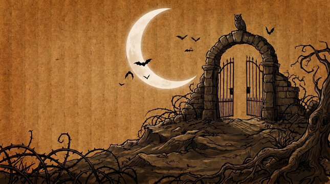 Stone archway gate under a crescent moon with thorny vines night sky old stoneStone archway gate under a crescent moon with thorny vines night sky old stone Hallowen