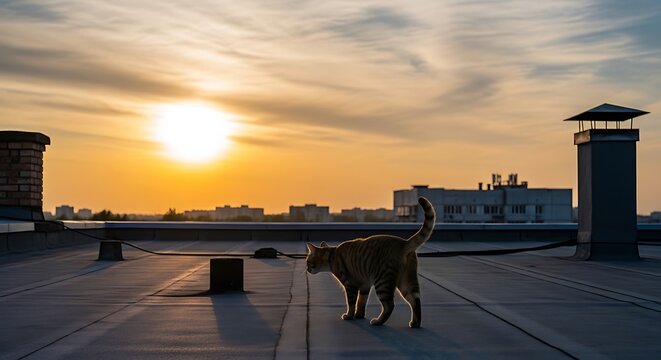 A lonely cat walking on a city rooftop at sunset.