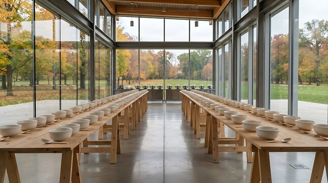 Chili cookoff event setup featuring wooden trestle tables with white bowls inside modern glass pavilion
