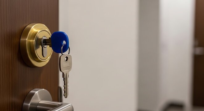 A metal key with a blue plastic head inserted in a wooden door lock.