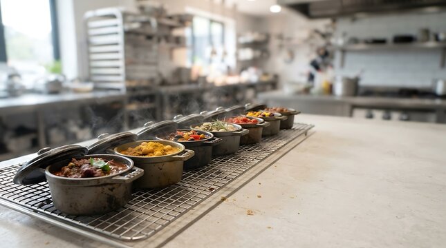 A line of small cast iron pots prepared for a chili cookoff in a professional restaurant kitchen setting