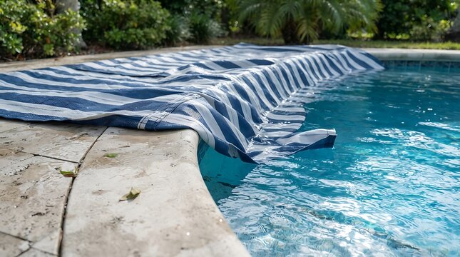Swimming pool cover photo, blue and white striped fabric draped over backyard swimming pool edge with clear water