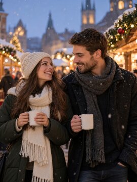 Gl&uuml;ckliches junges Paar genie&szlig;t hei&szlig;e Getr&auml;nke auf einem verschneiten Weihnachtsmarkt. Festliche Lichter und winterliche Kulisse schaffen romantische, gem&uuml;tliche Adventsstimmung.