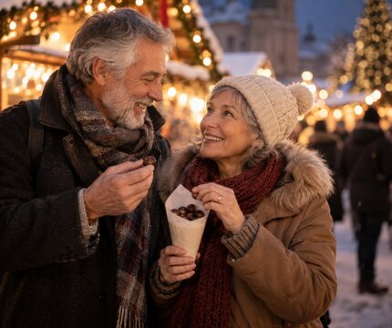 Gl&uuml;ckliches Seniorenpaar teilt ger&ouml;stete Maronen auf einem verschneiten Weihnachtsmarkt. Warme Lichter, Winterkleidung und innige Blicke vermitteln gem&uuml;tliche Adventsfreude.