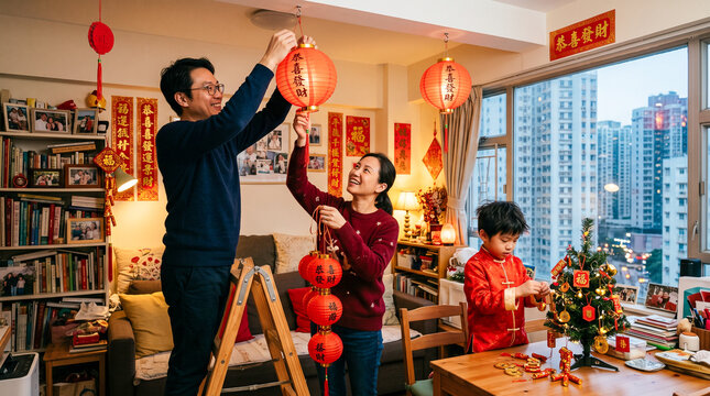 Happy Asian family decorating their apartment living room with red lanterns for Chinese New Year celebration