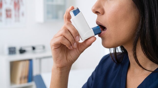 close-up of healthcare professional's hands demonstrating the proper use of a modern medical inhaler for an adult patient, professional commercial healthcare photo