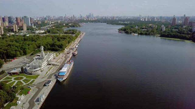 Aerial view of North River Terminal in Moscow with cruise ships on the Khimki Reservoir