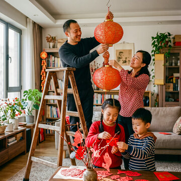 Happy Asian Family Decorating Living Room with Red Lanterns for Chinese Lunar New Year Celebration at Home
