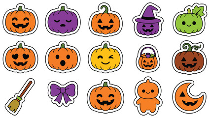 Fototapeta premium Cute Halloween Pumpkin Clipart Set with Kawaii Expressions and Jack-o'-Lanterns