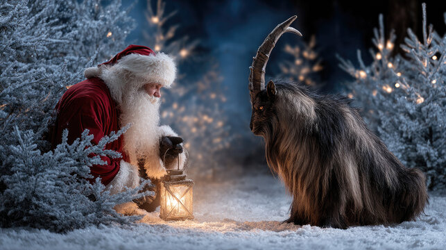 Krampus confronting santa claus in a snowy enchanted forest, portraying the ancient alpine christmas folklore creature meeting the festive holiday symbol amidst glowing lights during a winter night