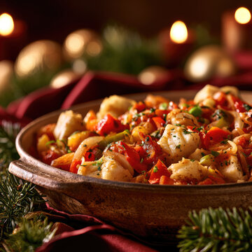 Traditional christmas cod stew prepared for festive holiday dinner, presenting fresh fish pieces and colorful vegetables with a warm, inviting glow