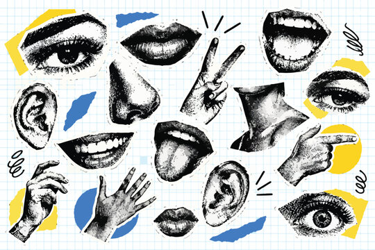 Retro Halftone Body Parts Collage Set, Y2K Vintage Paper CutoutsLips, Eyes, Noses and Hands with Torn Paper Newspaper Texture
