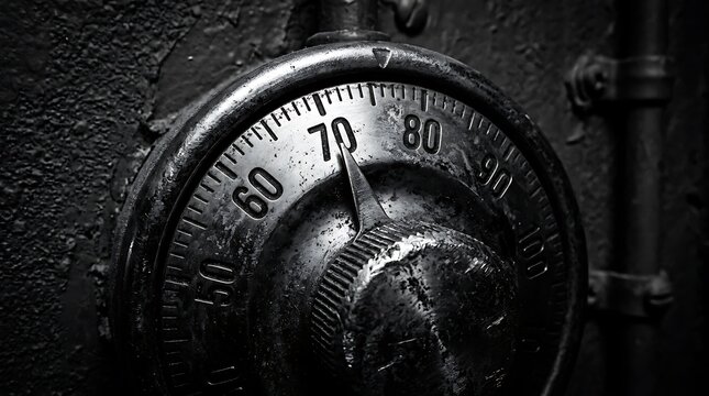 Safe dial combination lock close up photo, black and white security vault mechanism