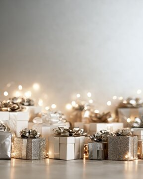 Festive gift boxes with silver bows and copy space