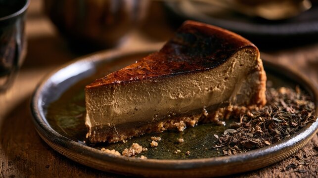 Tea cheesecake slice on rustic plate with loose tea leaves