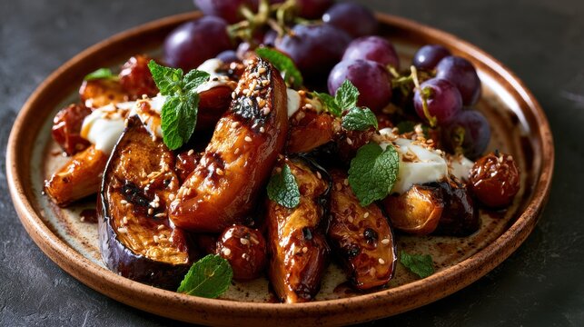 Roasted figs with grapes, yogurt and mint on plate