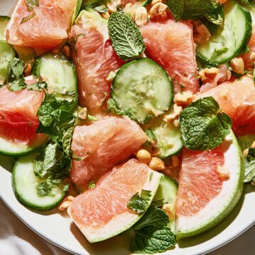 Grapefruit cucumber salad with mint and nuts