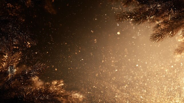 Dark gold christmas background with pine branches and bokeh