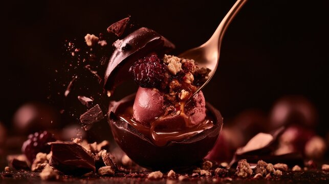 Dark chocolate dessert with berries and spoon