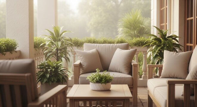 Serene Outdoor Porch Oasis With Comfortable Seating And Lush Greenery