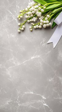 Delicate bouquet of lily-of-the-valley gracefully arranged with a white ribbon on a minimalistic plain background for elegant styling