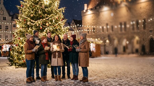 Diverse group of people singing Christmas carols in a snowy town square with a decorated tree