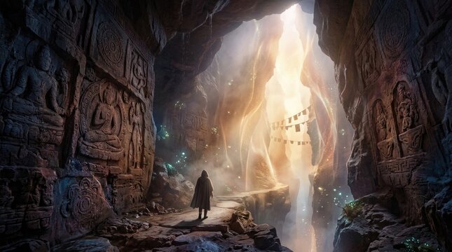 Nirvana passing wanderer: cave passage, spiritual enlightenment, ancient relief, divine radiance, mysterious traveler, sacred transcendence, cavern pathway, Buddha carving.