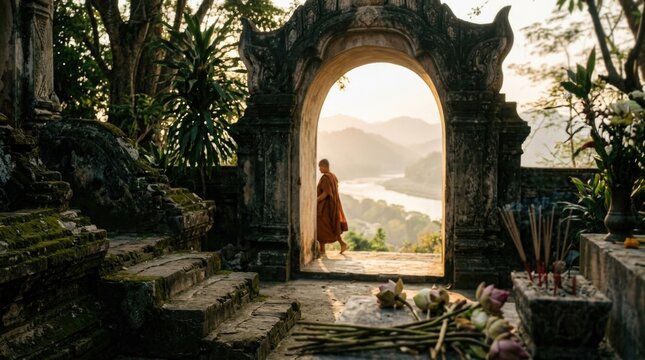 Passing into Nirvana: spiritual transcendence, temple gate, buddhist monk, holy sanctuary, sacred altar, stone archway, incense burner, peaceful departure, lotus flower.