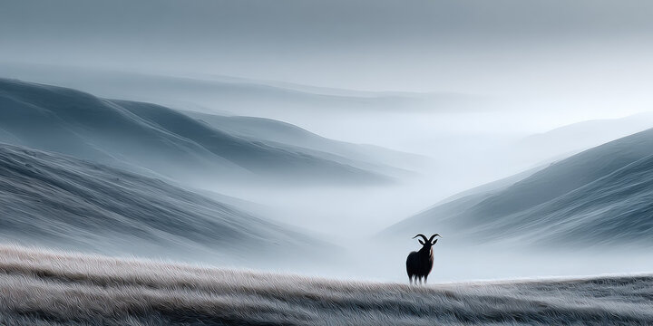Krampus figure standing silently in a mystical valley, facing rolling mountains shrouded in morning mist, conveying solitude, fantasy, and ancient folklore