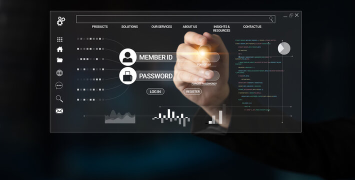 Hand Pressing Login Button on Digital Screen with User ID and Password Fields in Futuristic Interface Design for Online Security and Authentication Concept Haptic.