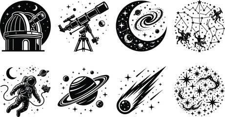 Astronomy and space exploration vector set featuring observatory telescope crescent galaxy constellations astronaut saturn comet and starry cosmos © MstTopy