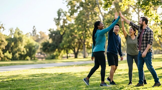 Diverse Group of Happy Friends Giving a High Five in a Sunny Park