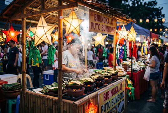 Outdoor Philippine Christmas Night Market Cooking Fresh Bibingka Under Glowing Parol Lanterns
