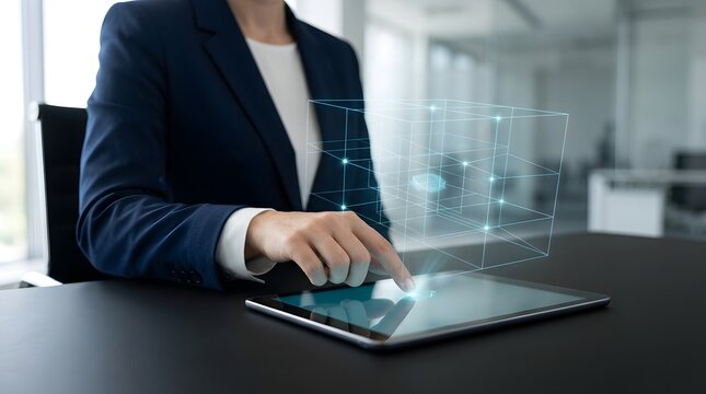 Business person using a digital tablet with holographic data visualization in a modern corporate office environment