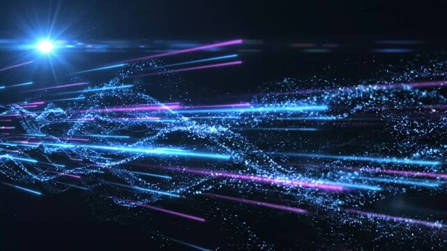 Abstract digital particles trail in neon blue and pink lights on dark background, technology concept, data stream motion, futuristic visual.