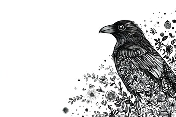 Obraz premium Ornate black raven profile illustration inside an intricate botanical flower frame. Great for organic cosmetic product packaging, luxury tea tin label designs, or gothic wedding invitation templates