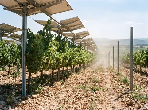 Modern solar tracking panels mounted above vineyard rows for sustainable dual use land farming.