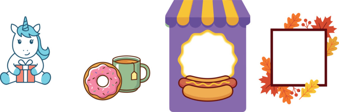 Cute cartoon sticker vector bundle set featuring a magical gift holding unicorn pink strawberry donut tea mug hotdog stall and autumn leaf frame