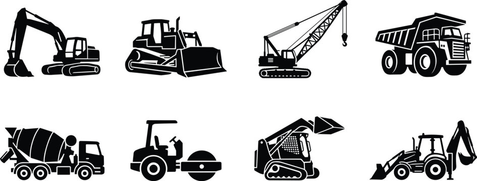 Construction vehicles silhouette set featuring excavator bulldozer crane dump truck cement mixer road roller skid steer and backhoe vectors