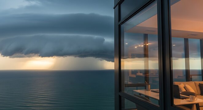 Dramatic storm clouds over the ocean seen from a luxury high rise apartment interior.