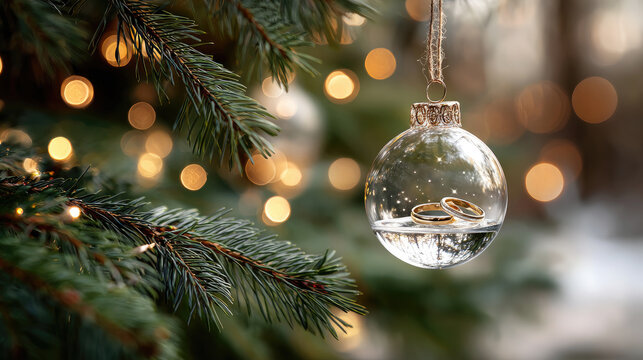 Clear glass christmas ornament hanging from a fir branch, encapsulating two golden wedding rings, symbolizing enduring love, commitment, and festive holiday proposals