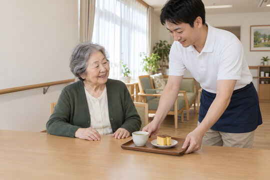 デイサービスで高齢女性におやつを配膳する日本人男性介護職員