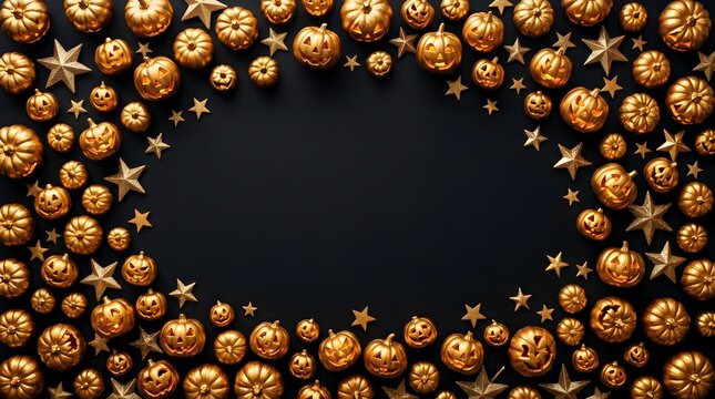 Festive halloween border made of many small carved glowing jack o lanterns on a dark background