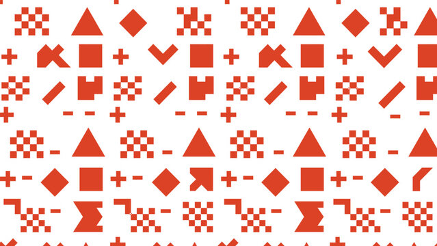 Abstract orange-red geometric pattern featuring pixelated icons, symbols like plus signs, triangles, and diamonds arranged in a repeating horizontal grid over a white background.